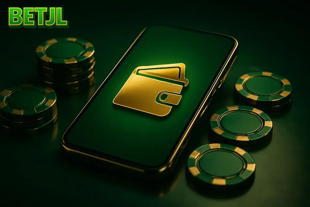BETJL bKash Deposit — a glowing smartphone with mobile-wallet icons surrounded by poker chips